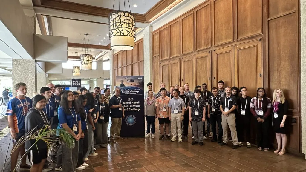 The JROTC division with Representative Tokuda at the 2026 Cyber Forensics Five-0 Challenge