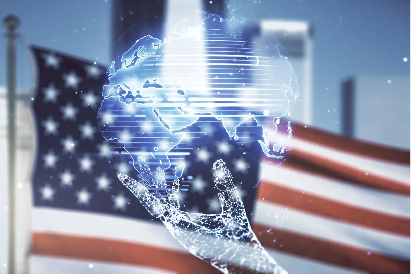 A United States flag draped over a transparent globe representing global military technology